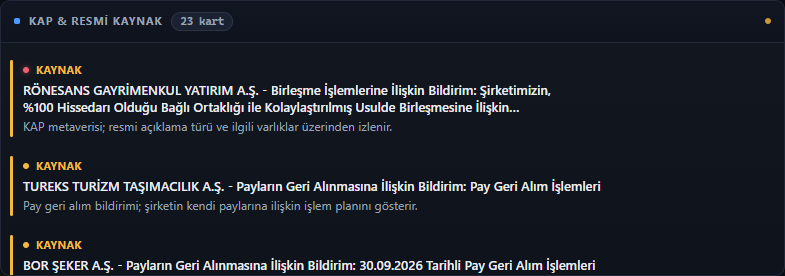 Demo terminalinin 30.09.2026 19:56 tarihli KAP & Resmî Kaynak paneli: şirket bildirimleri kartları.